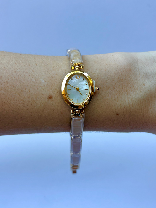 Vintage Beige Stone Bloom Gold Womens Watch Dainty Small Face