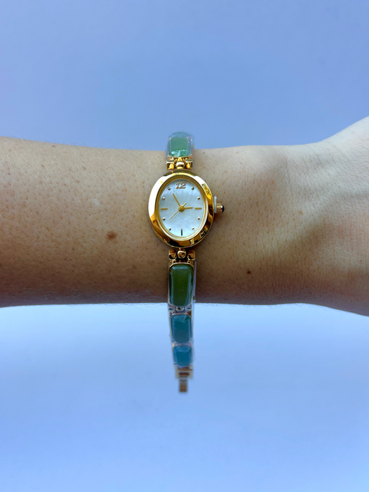 Vintage Green Stone Bloom Gold Womens Watch Dainty Small Face