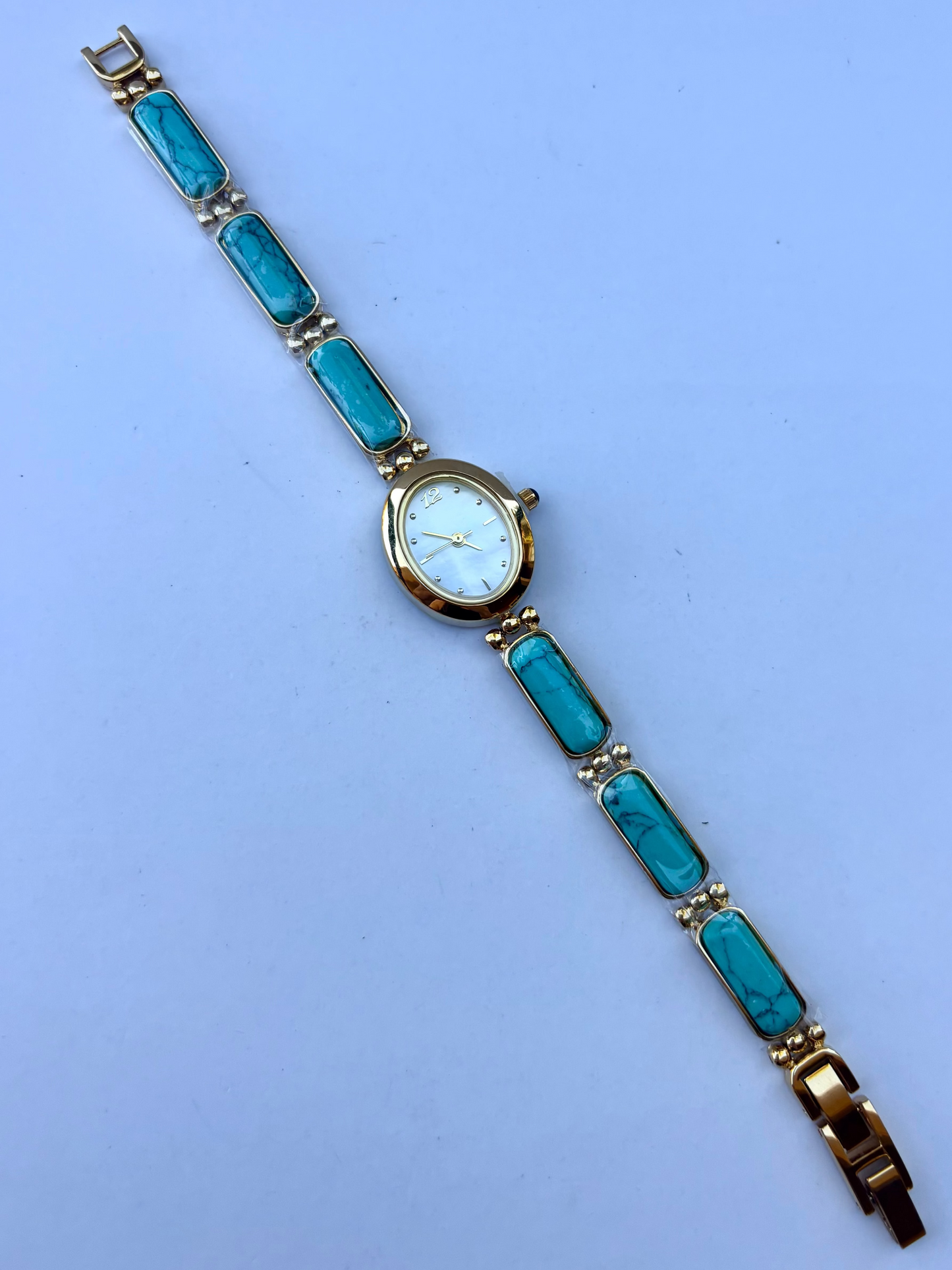 Vintage Light Blue Stone Bloom Gold Womens Watch Dainty Small Face