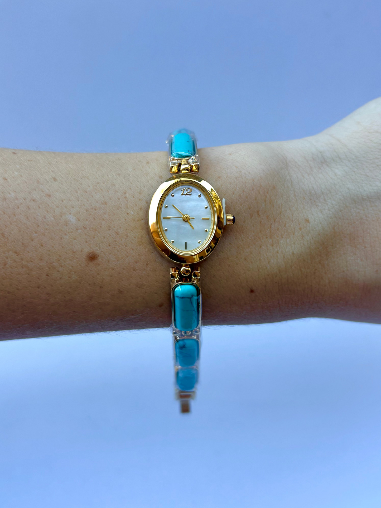 Vintage Light Blue Stone Bloom Gold Womens Watch Dainty Small Face