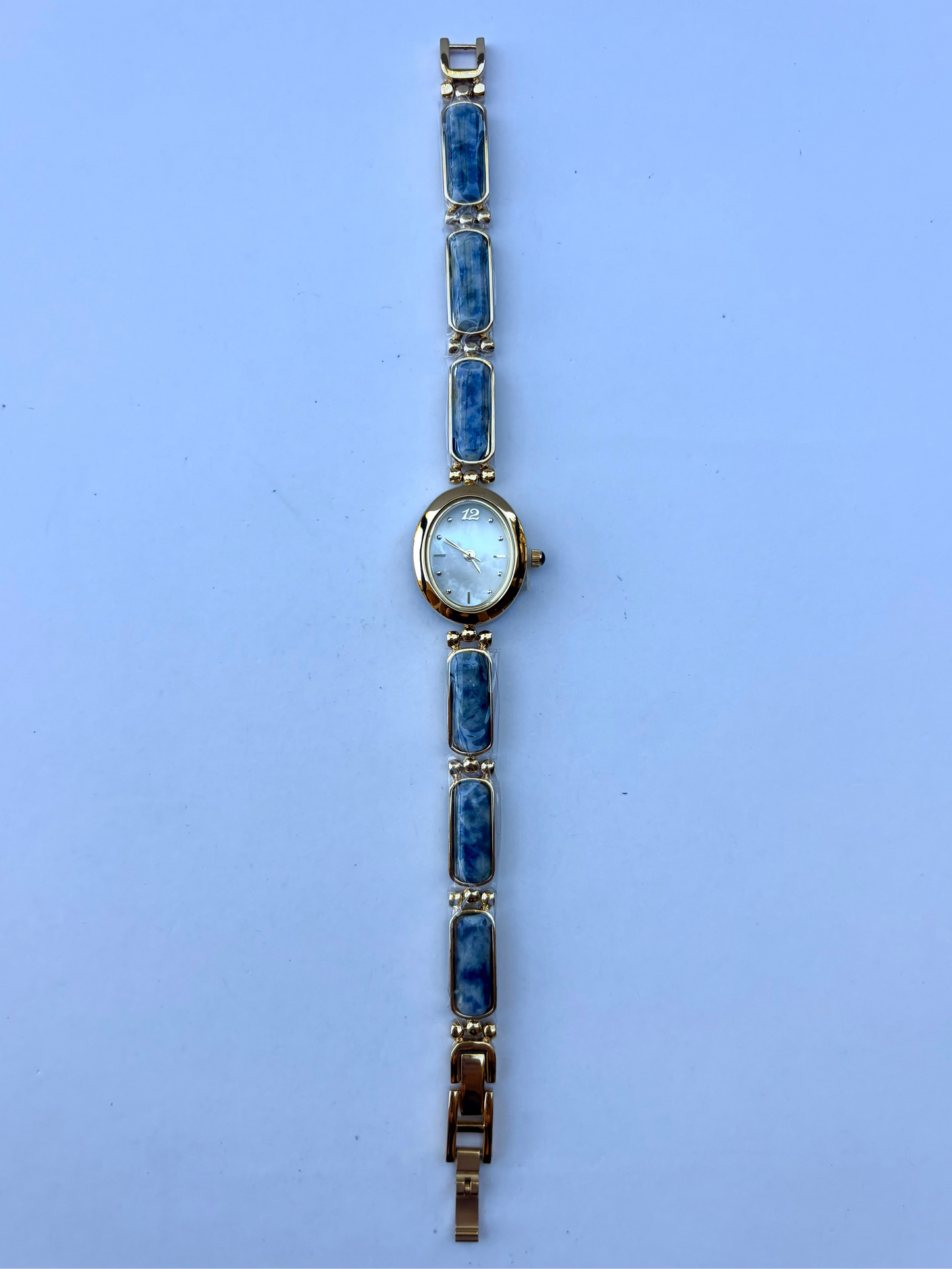 Vintage Dark Blue Stone Bloom Gold Womens Watch Dainty Small Face