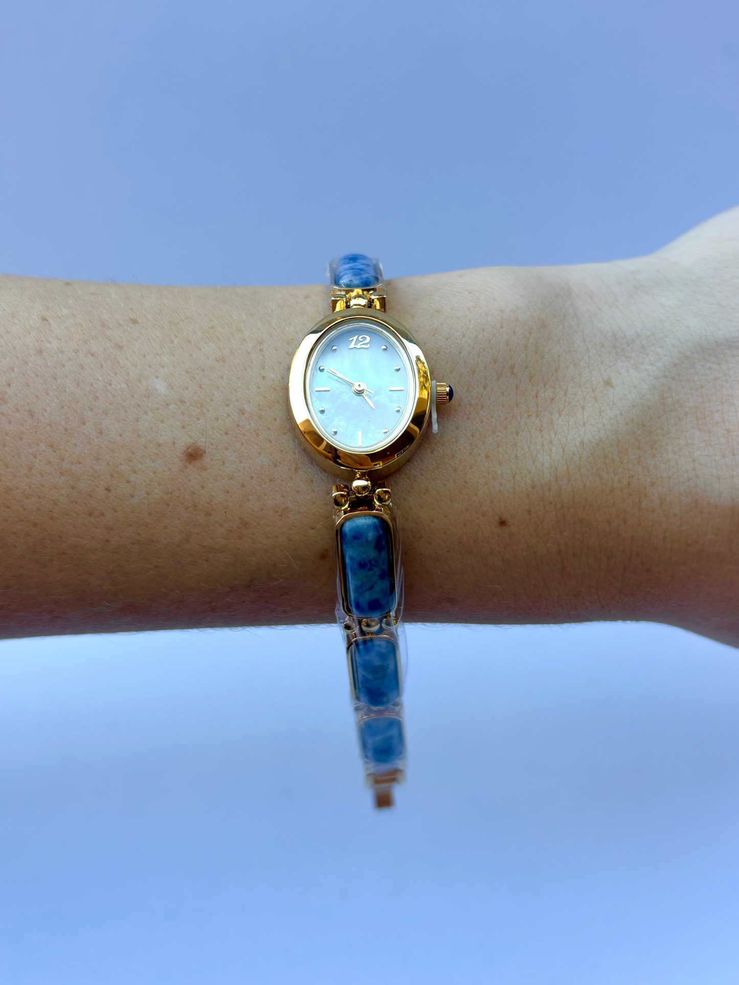 Vintage Dark Blue Stone Bloom Gold Womens Watch Dainty Small Face
