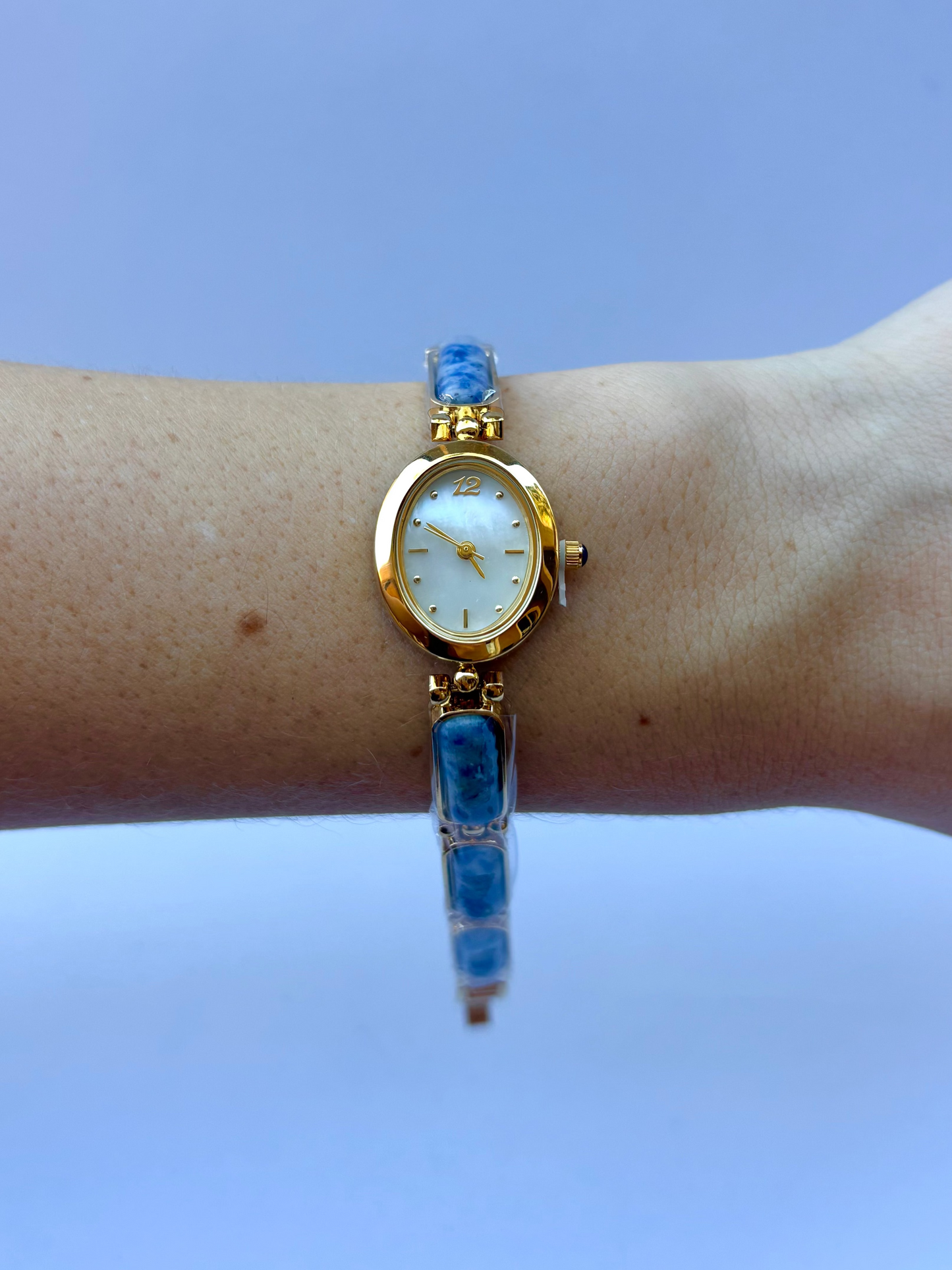Vintage Dark Blue Stone Bloom Gold Womens Watch Dainty Small Face