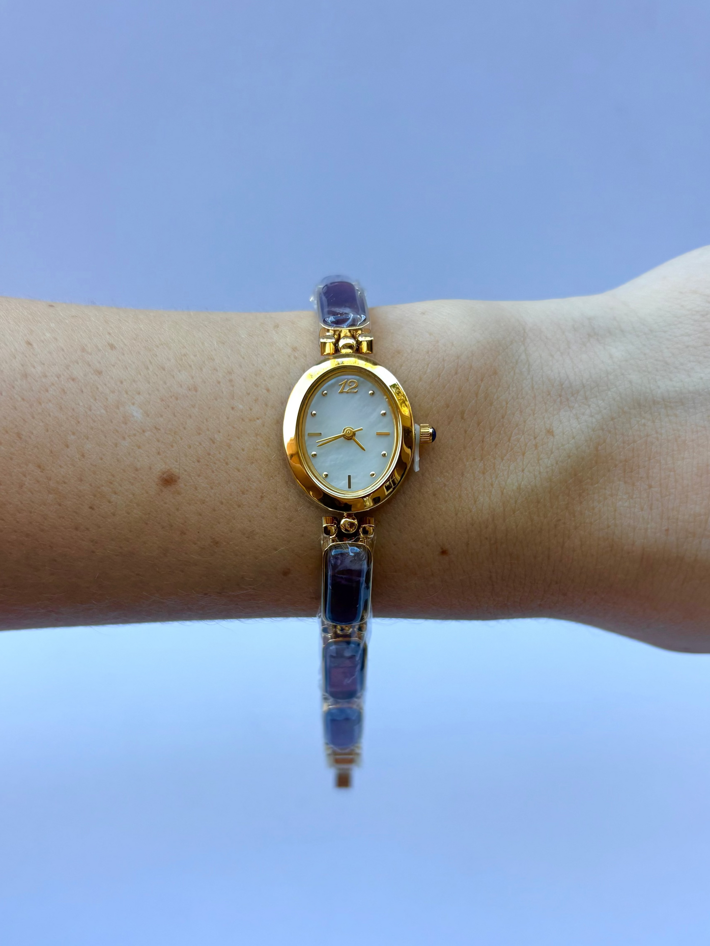 Vintage Purple Stone Bloom Gold Womens Watch Dainty Small Face