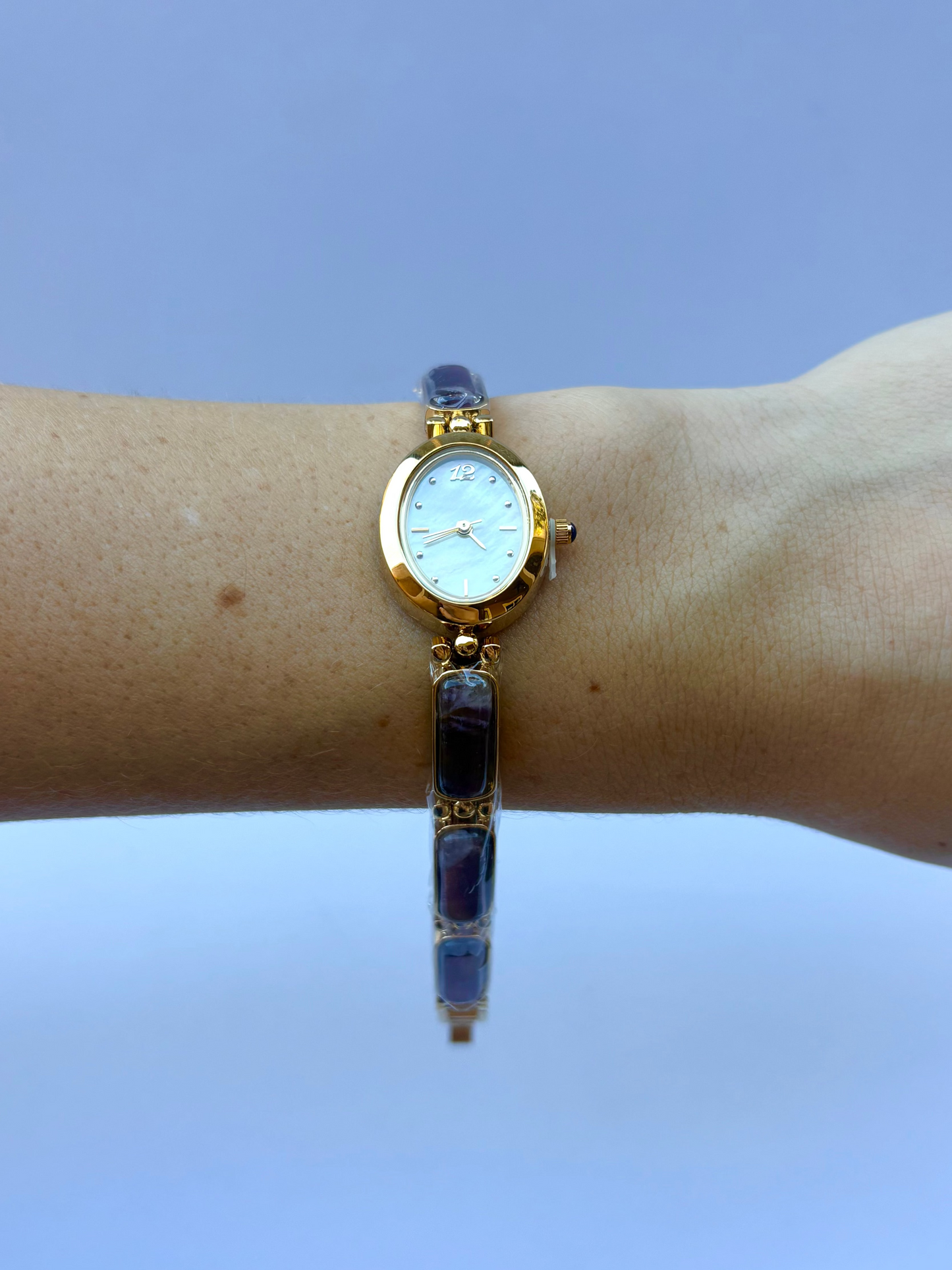 Vintage Purple Stone Bloom Gold Womens Watch Dainty Small Face