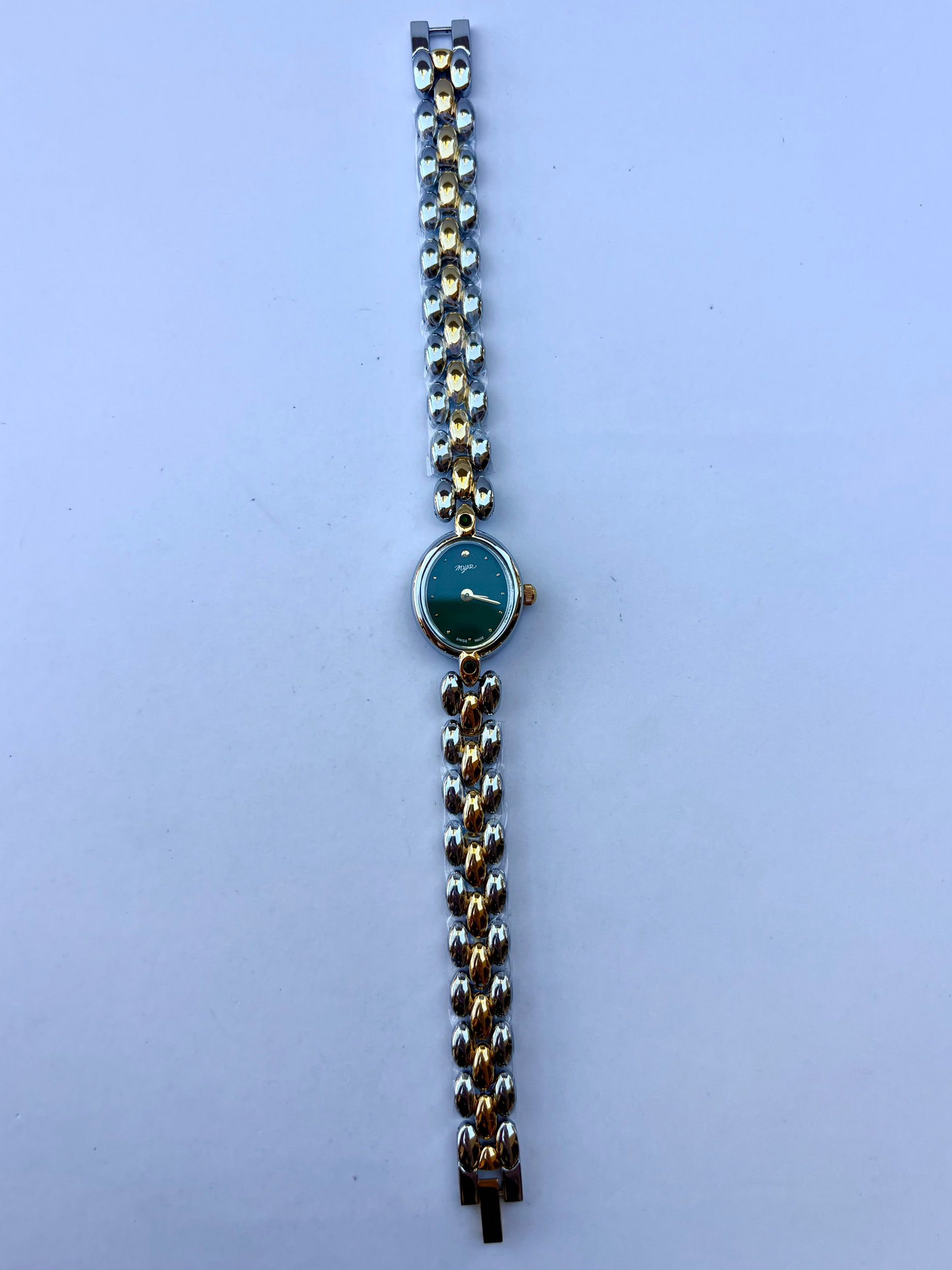 Vintage Classy Green Dial Silver & Gold Two Toned Womens Watch