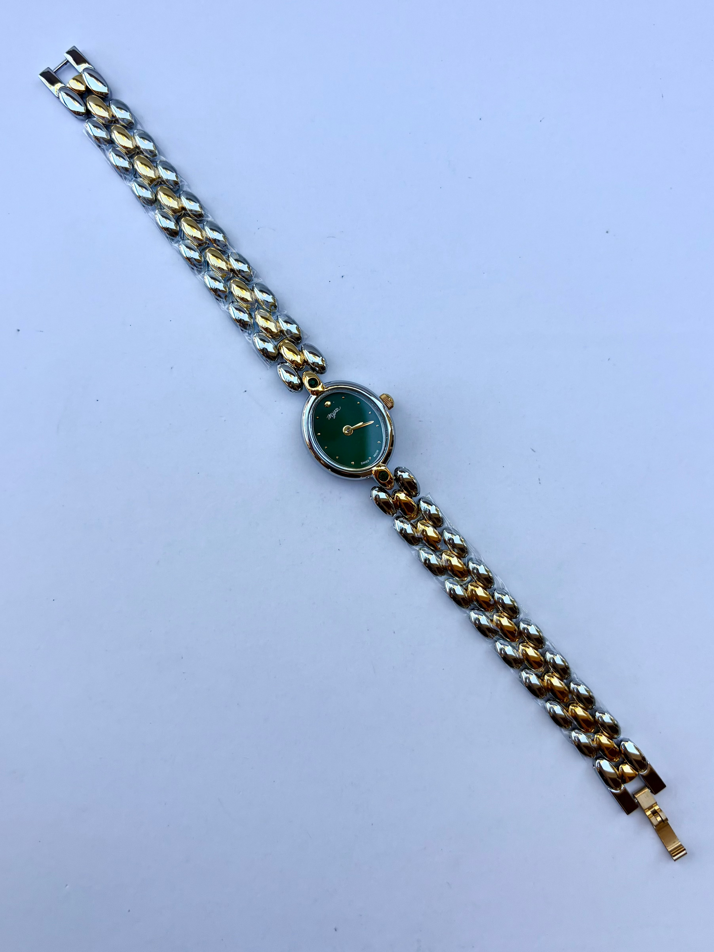 Vintage Classy Green Dial Silver & Gold Two Toned Womens Watch