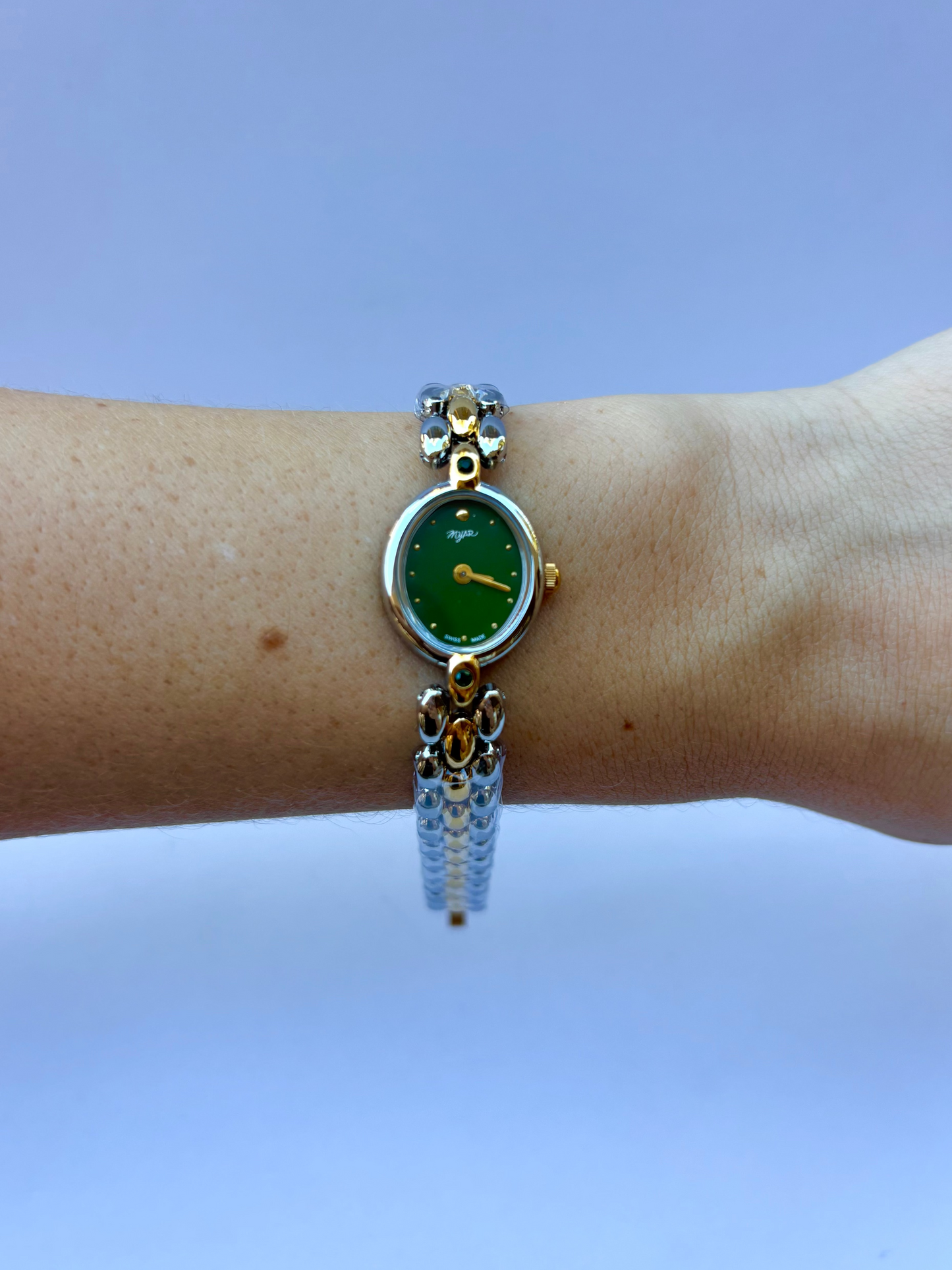 Vintage Classy Green Dial Silver & Gold Two Toned Womens Watch