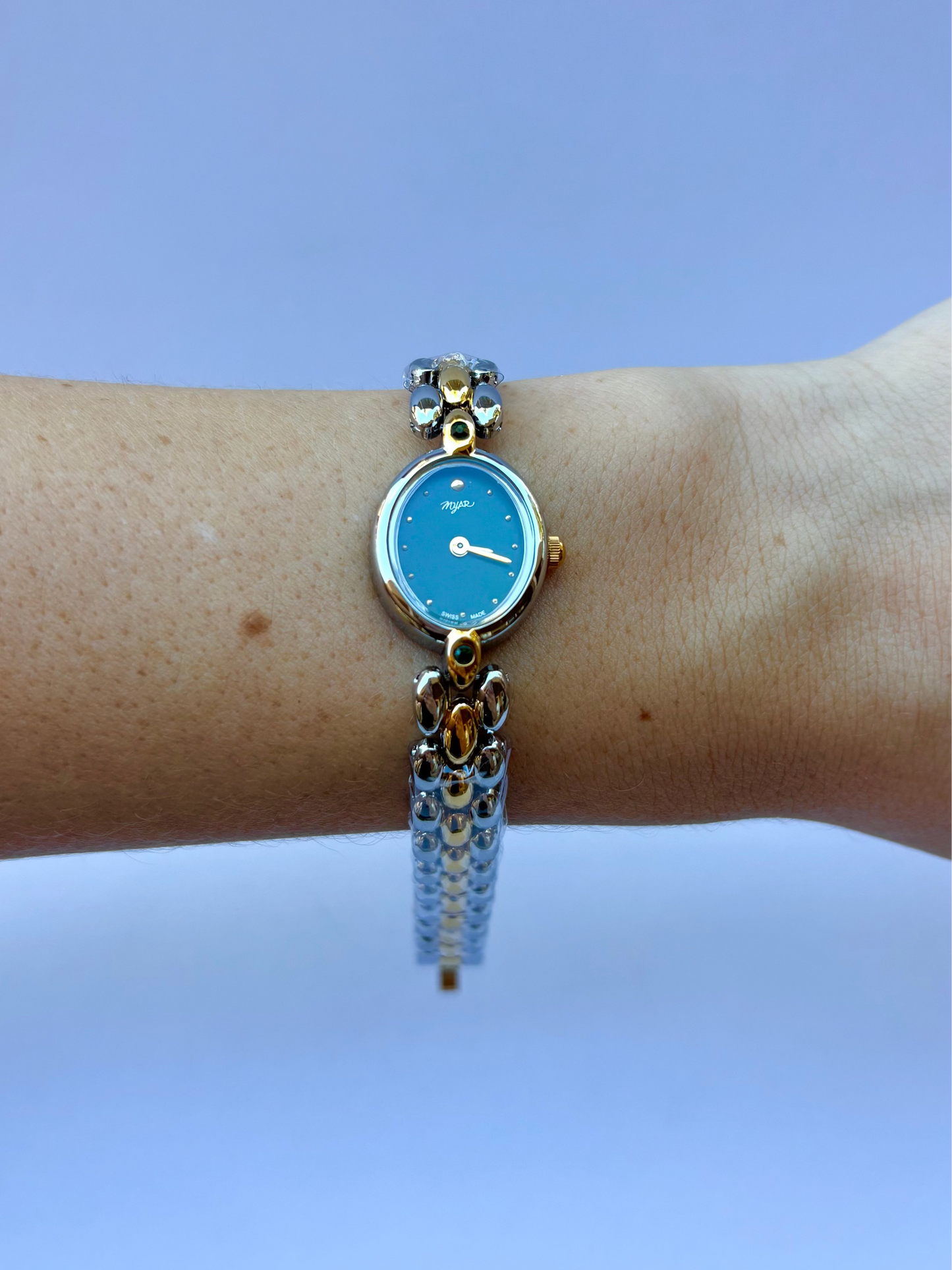 Vintage Classy Green Dial Silver & Gold Two Toned Womens Watch