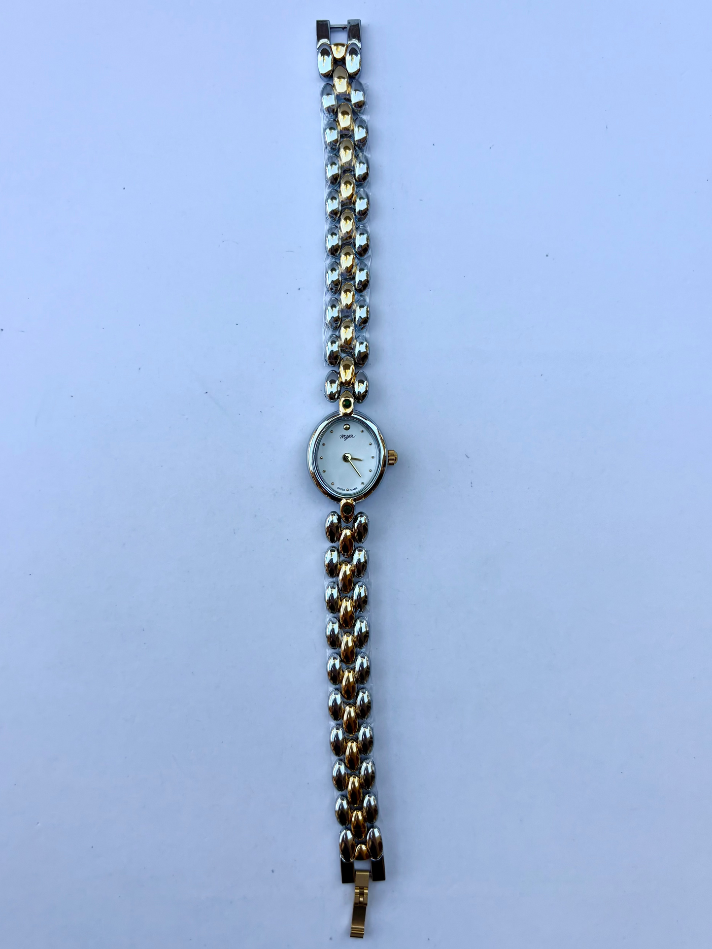 Vintage Classy Green Detail Silver & Gold Two Toned Womens Watch