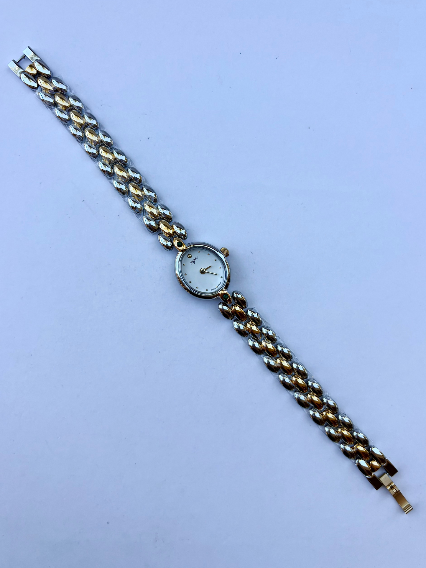 Vintage Classy Green Detail Silver & Gold Two Toned Womens Watch