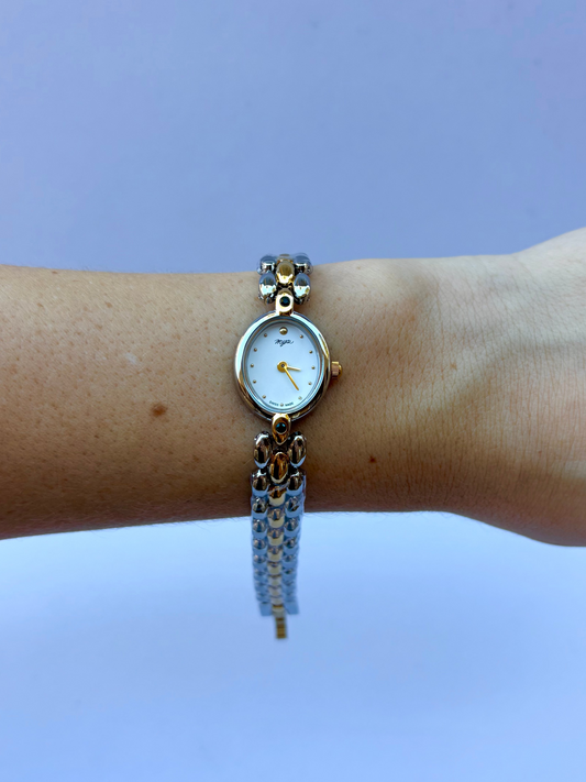 Vintage Classy Green Detail Silver & Gold Two Toned Womens Watch