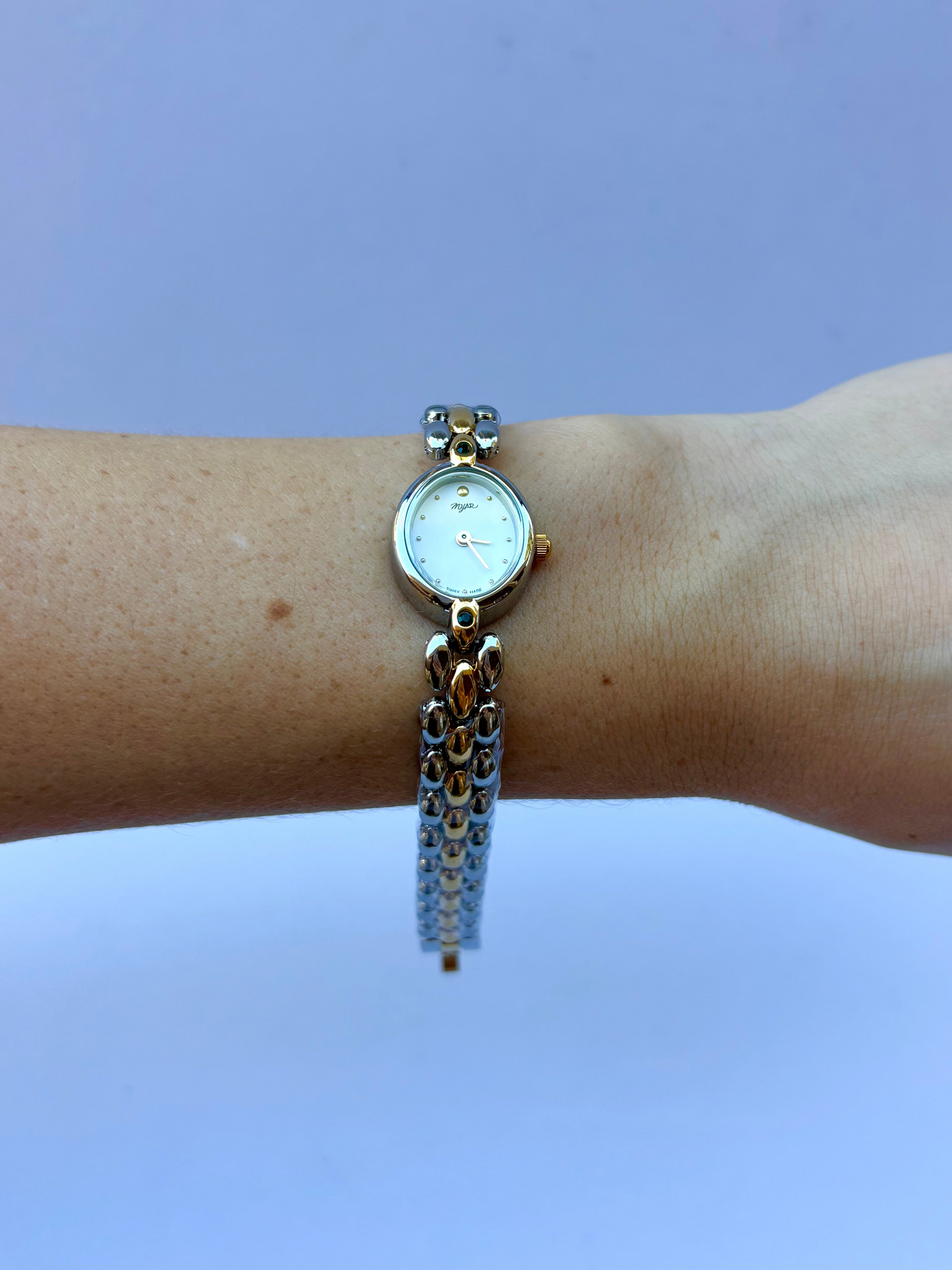 Vintage Classy Green Detail Silver & Gold Two Toned Womens Watch