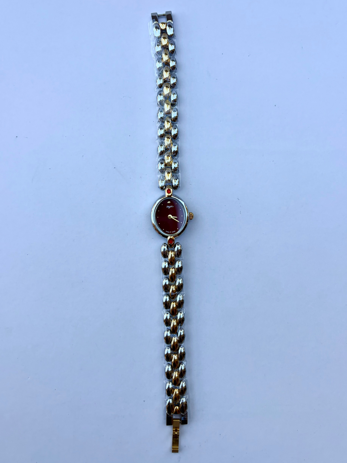 Vintage Classy Red Dial Silver & Gold Two Toned Womens Watch