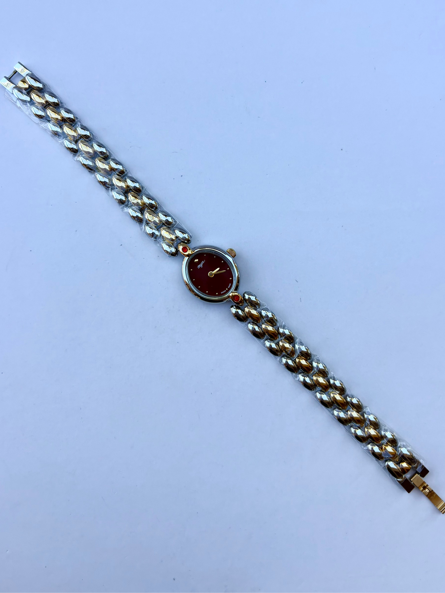 Vintage Classy Red Dial Silver & Gold Two Toned Womens Watch