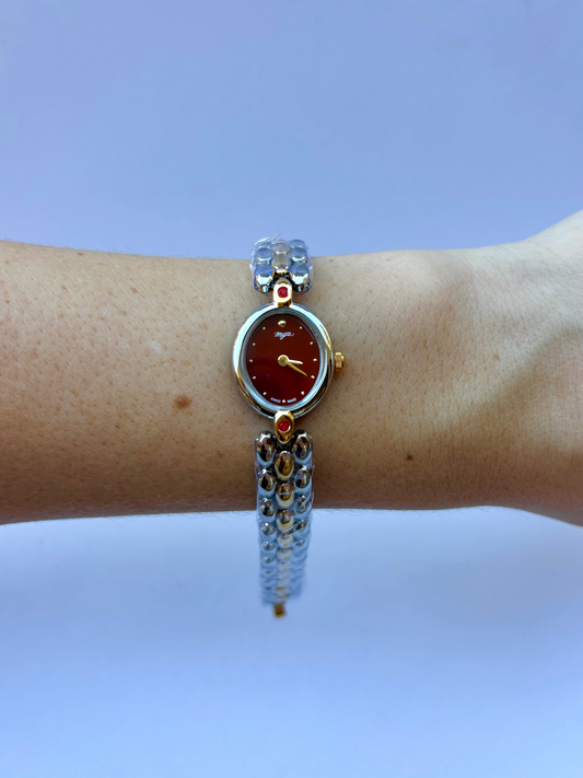 Vintage Classy Red Dial Silver & Gold Two Toned Womens Watch