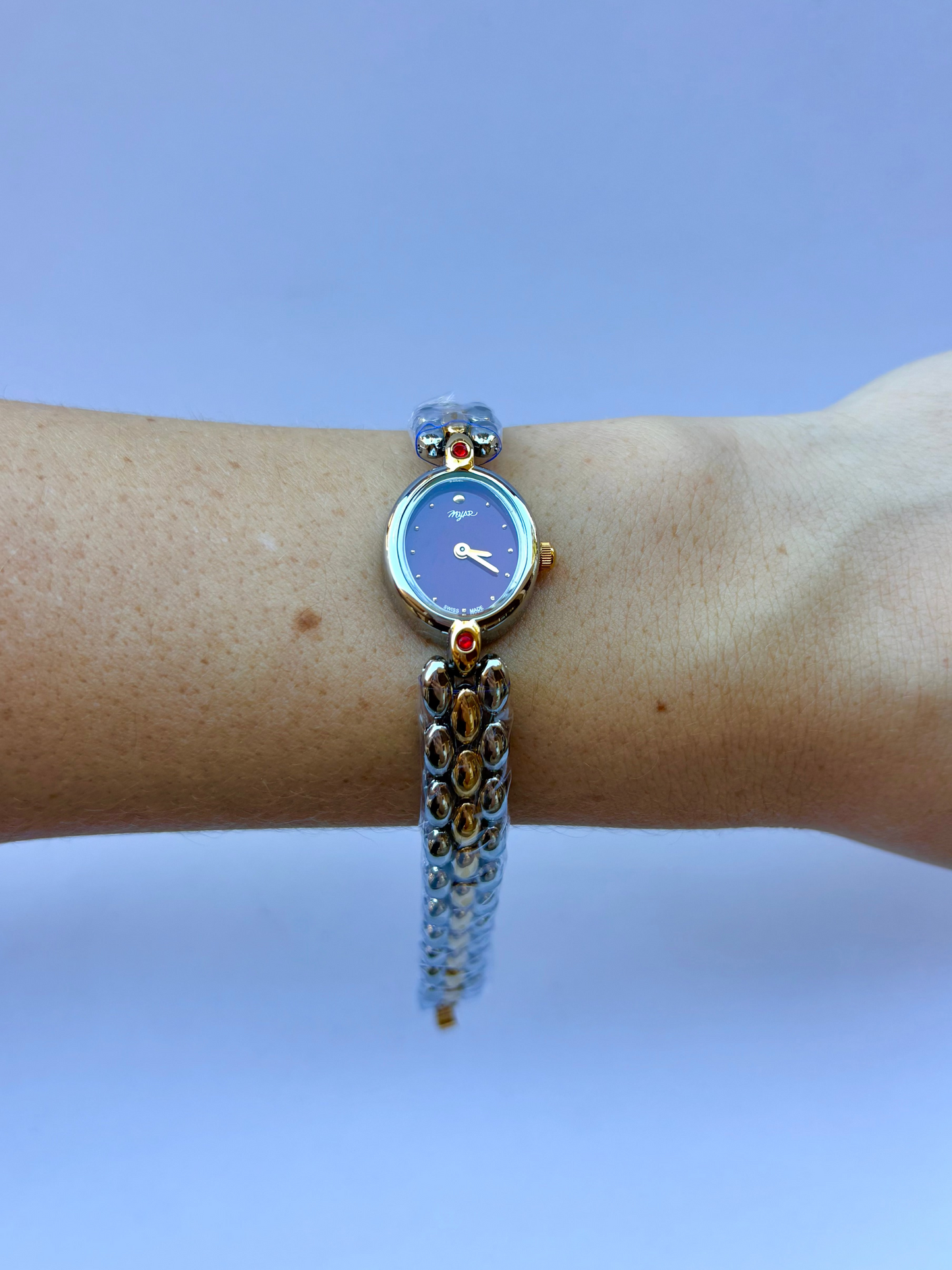 Vintage Classy Red Dial Silver & Gold Two Toned Womens Watch