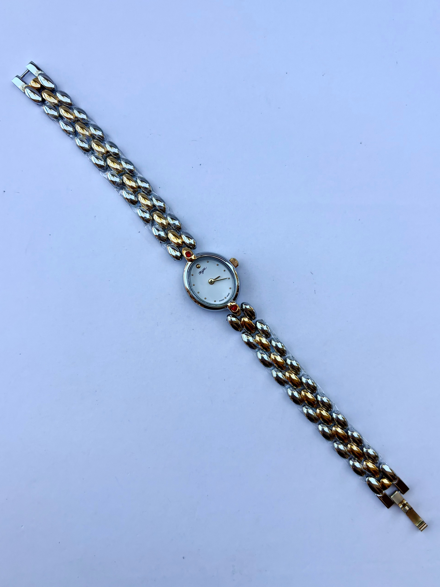 Vintage Classy Red Detail Silver & Gold Two Toned Womens Watch