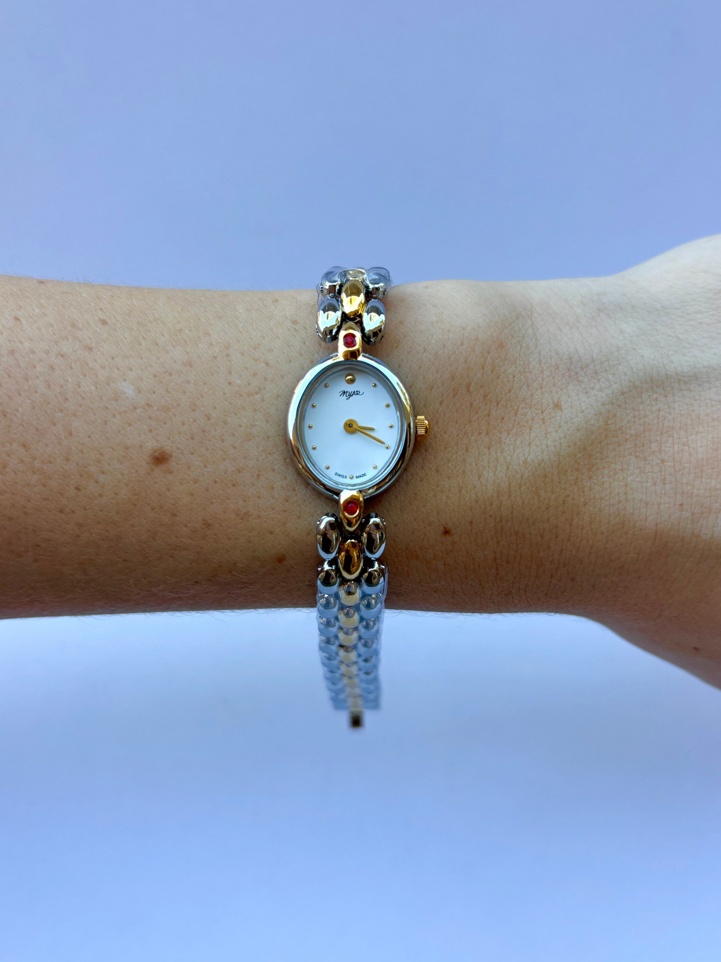 Vintage Classy Red Detail Silver & Gold Two Toned Womens Watch