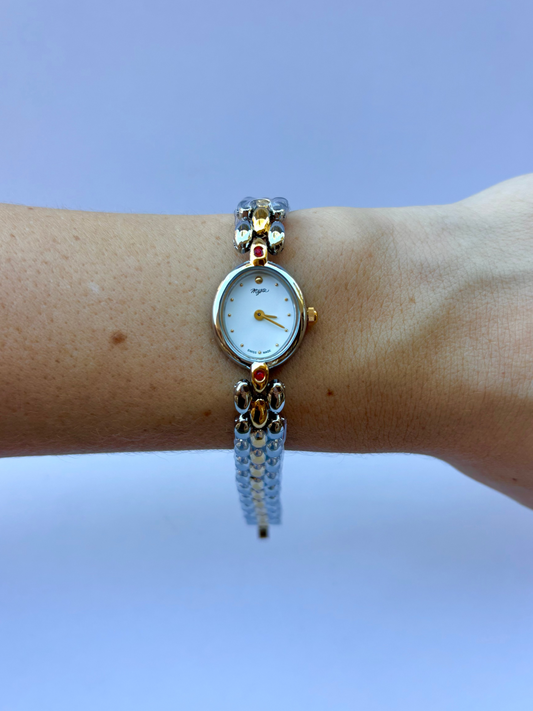 Vintage Classy Red Detail Silver & Gold Two Toned Womens Watch