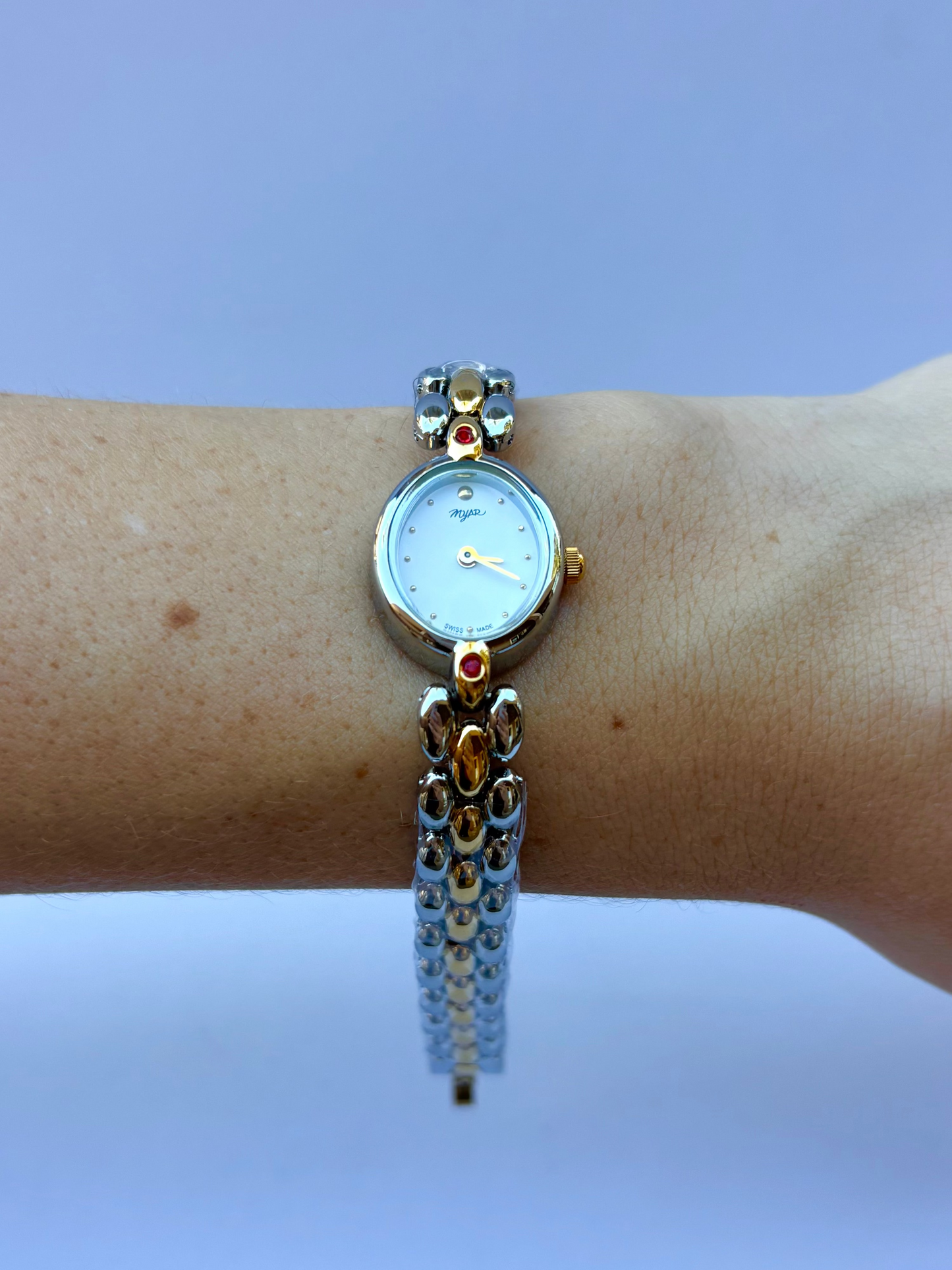 Vintage Classy Red Detail Silver & Gold Two Toned Womens Watch