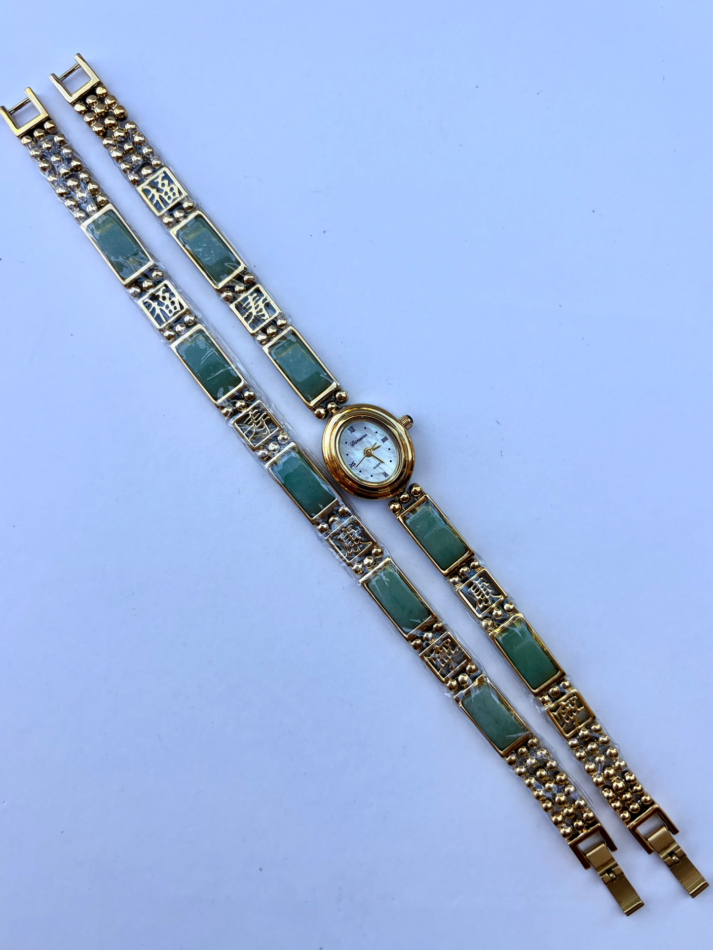 Dainty Vintage White Face Jade Bracelet & Gold Womens Watch