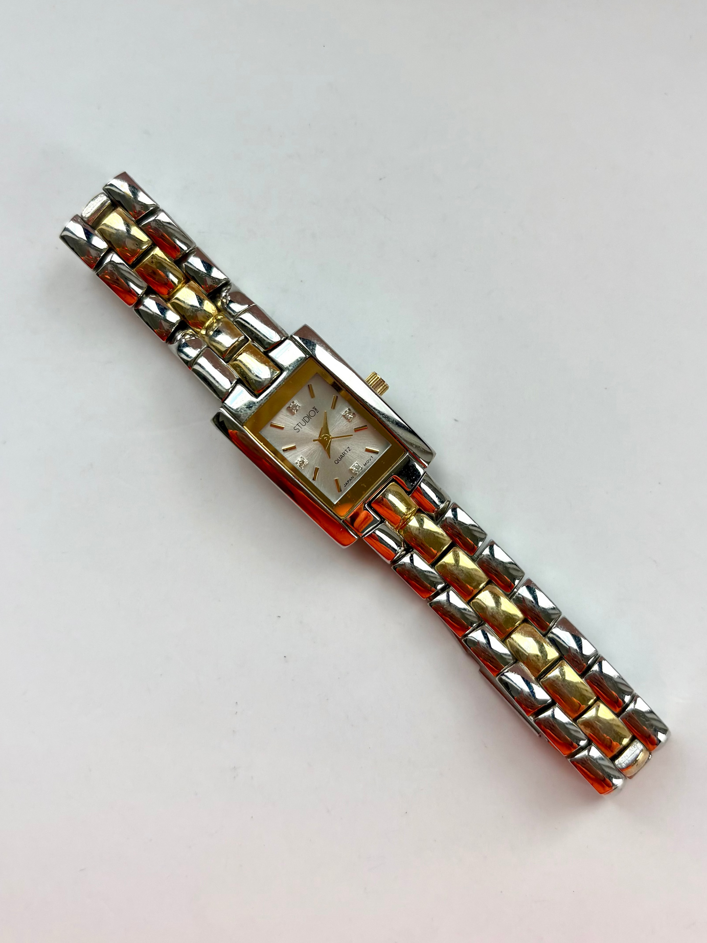 Rare Vintage Rectangle Classy Two Toned Silver & Gold Watch