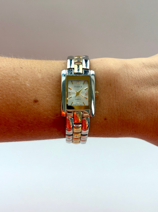 Rare Vintage Rectangle Classy Two Toned Silver & Gold Watch