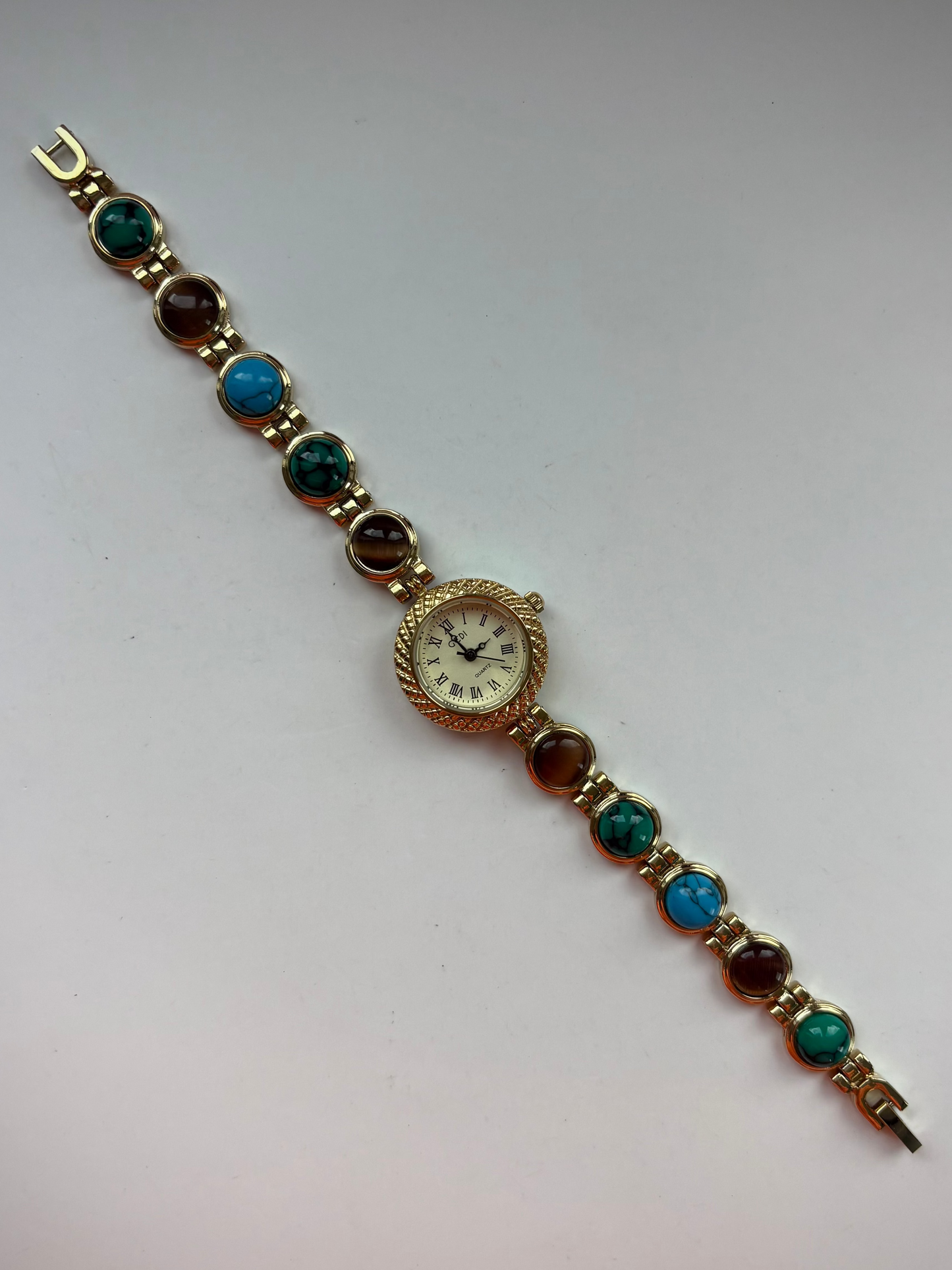 Dainty Vintage Minimalist Gold Colorful Stone Womens Watch Small Face