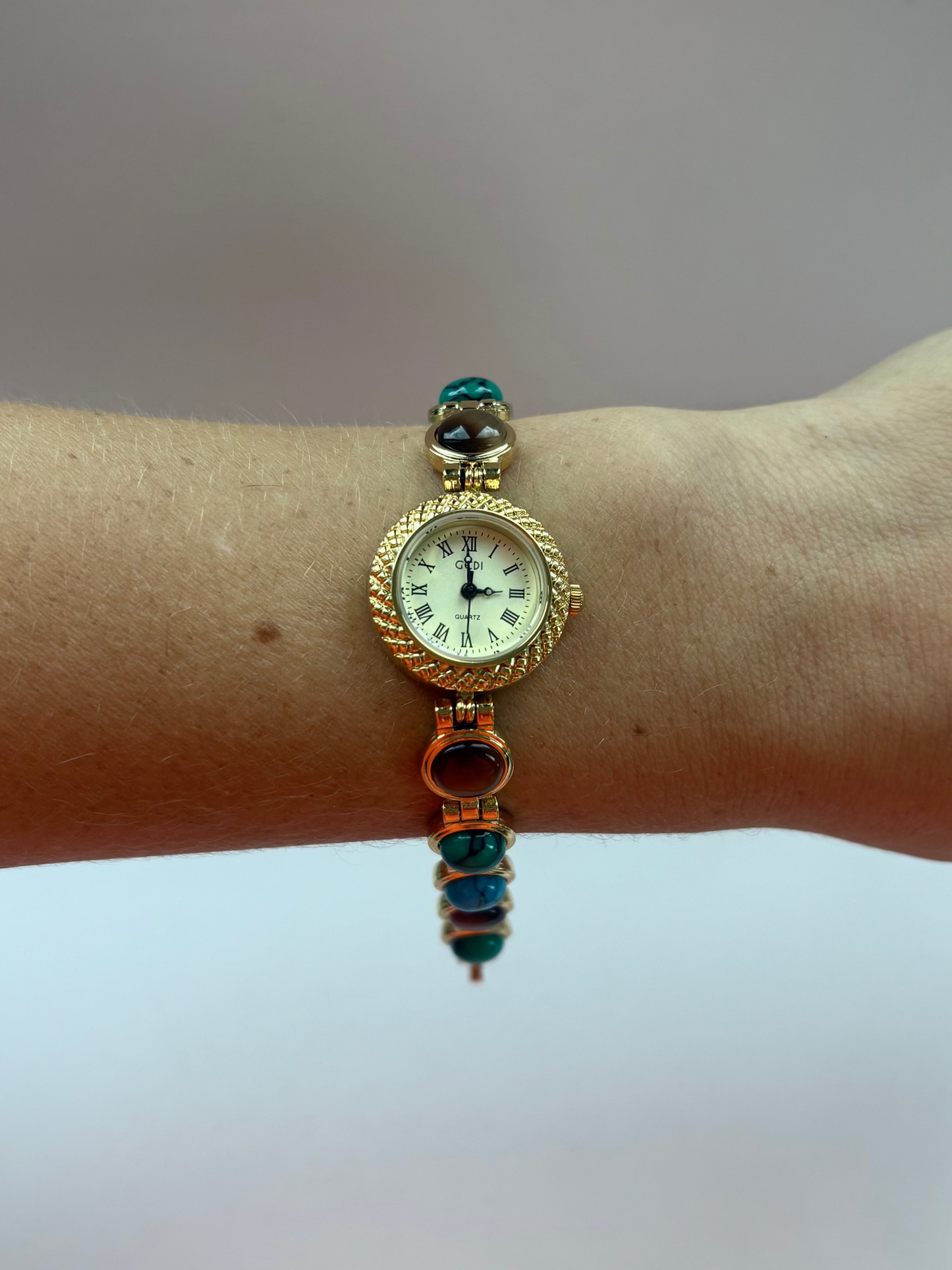 Dainty Vintage Minimalist Gold Colorful Stone Womens Watch Small Face
