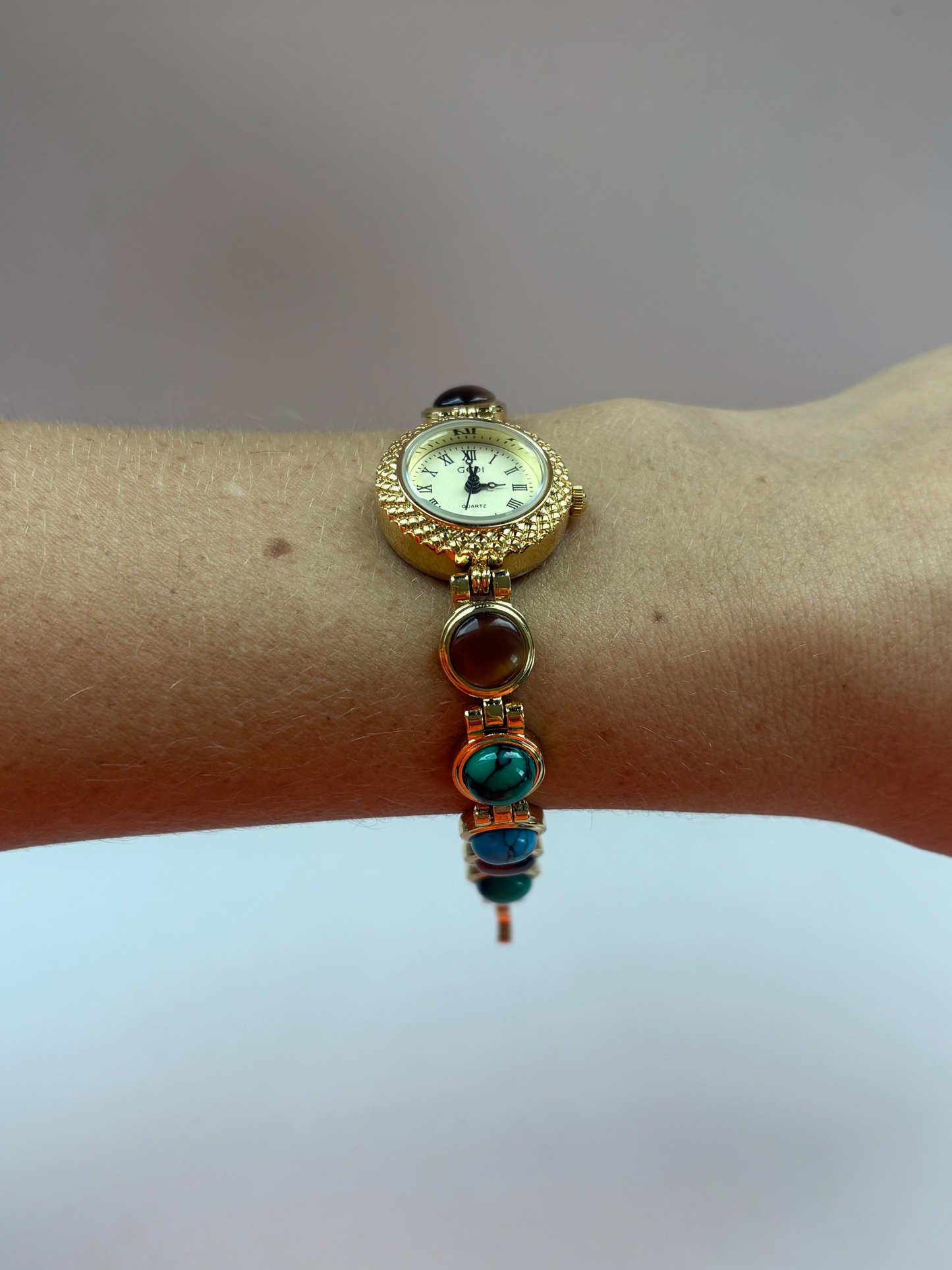 Dainty Vintage Minimalist Gold Colorful Stone Womens Watch Small Face
