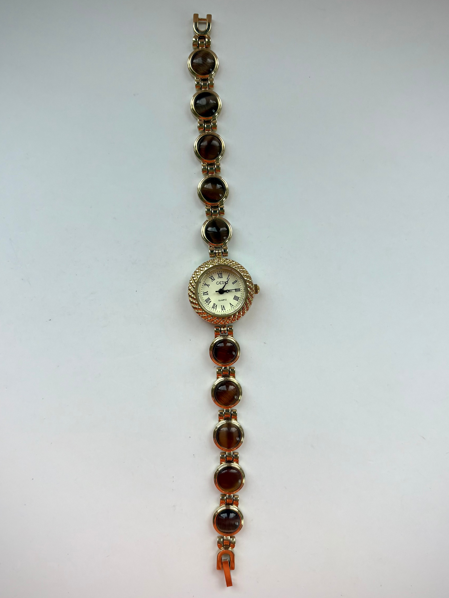 Dainty Vintage Minimalist Gold Brown Stone Womens Watch Small Face