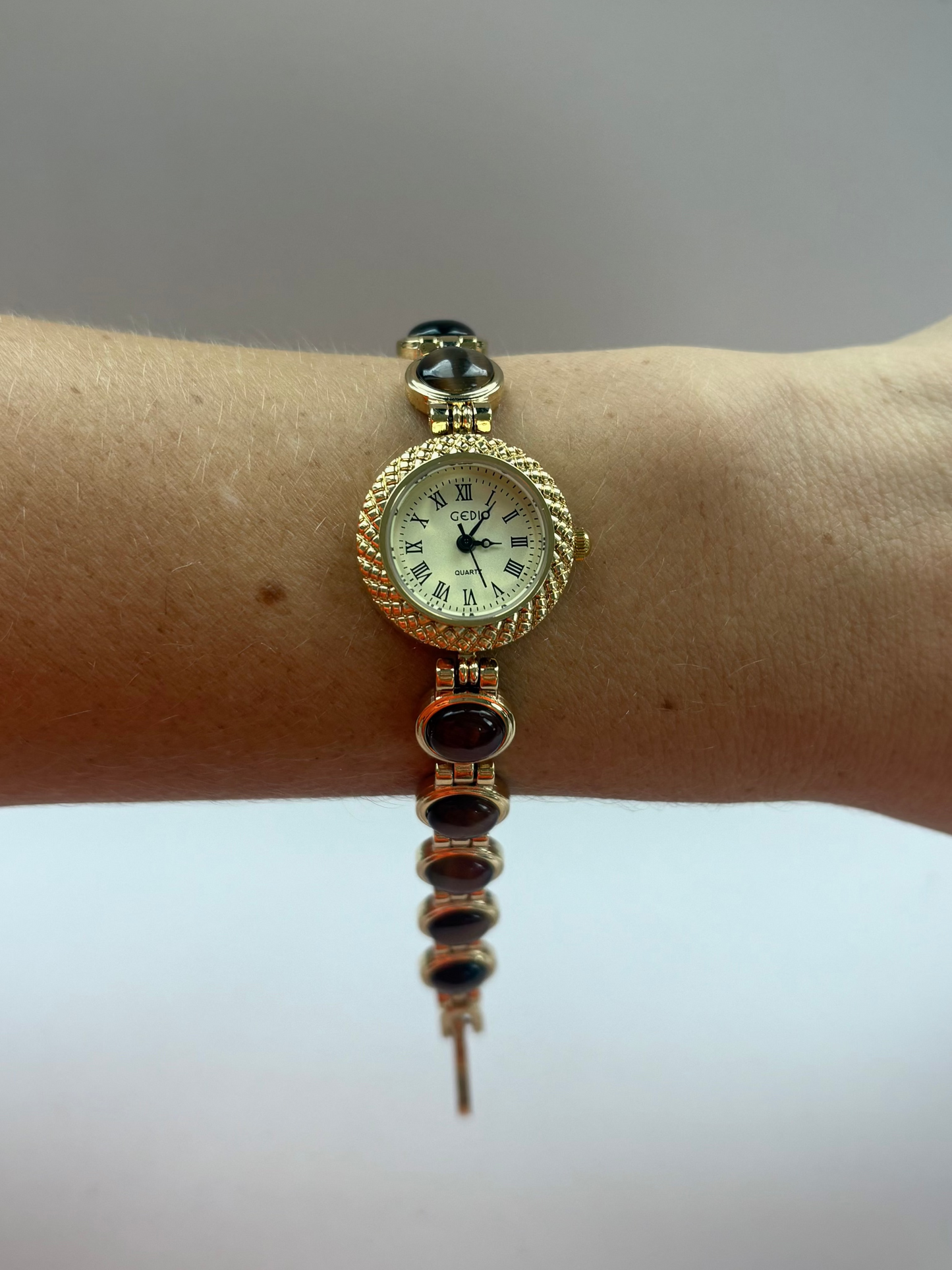 Dainty Vintage Minimalist Gold Brown Stone Womens Watch Small Face
