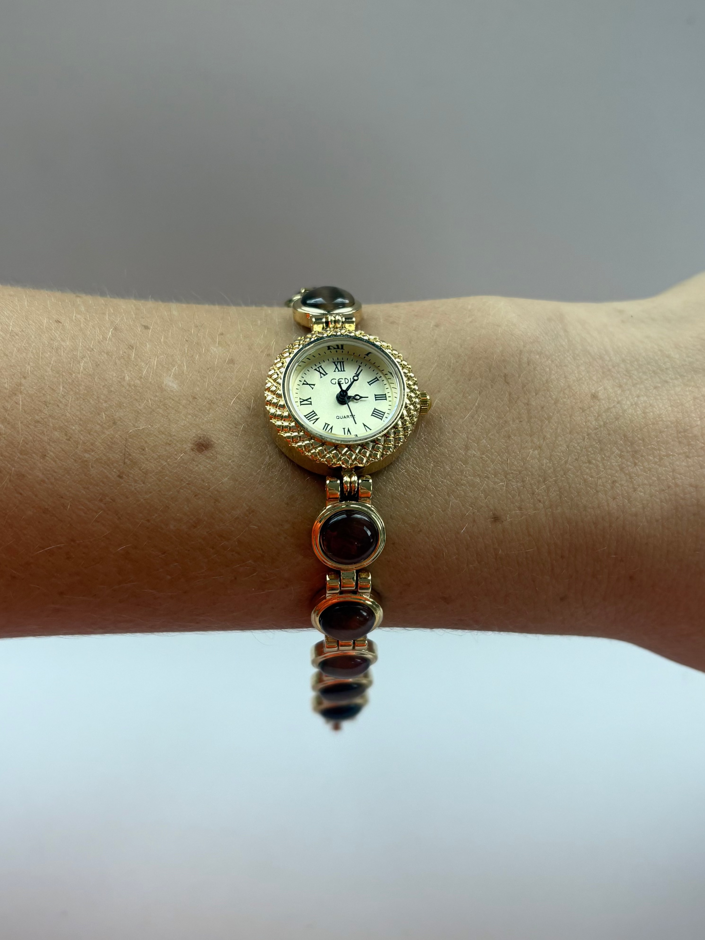 Dainty Vintage Minimalist Gold Brown Stone Womens Watch Small Face