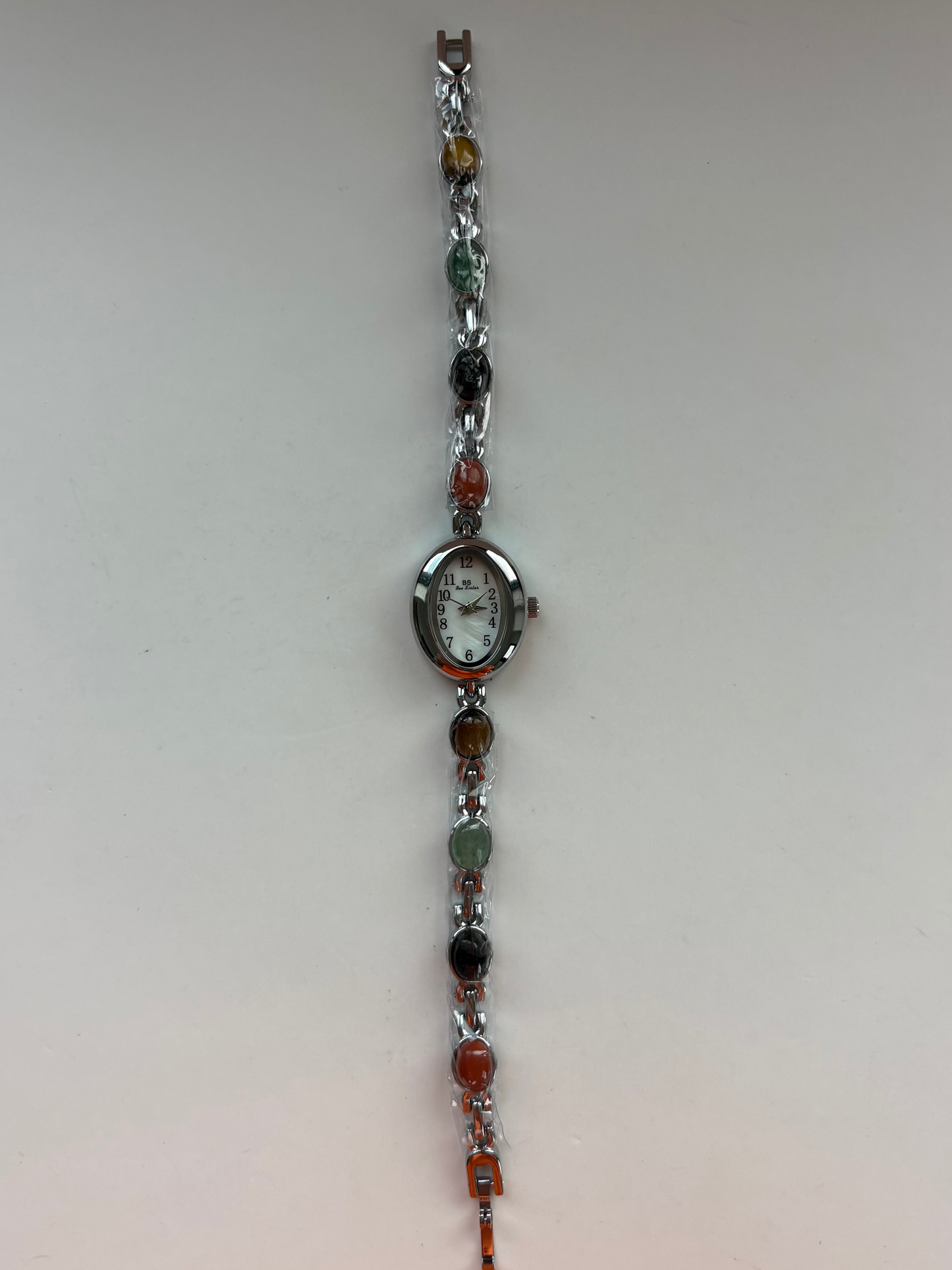 Dainty Vintage Oval Silver Brown Stone Womens Watch Small Face
