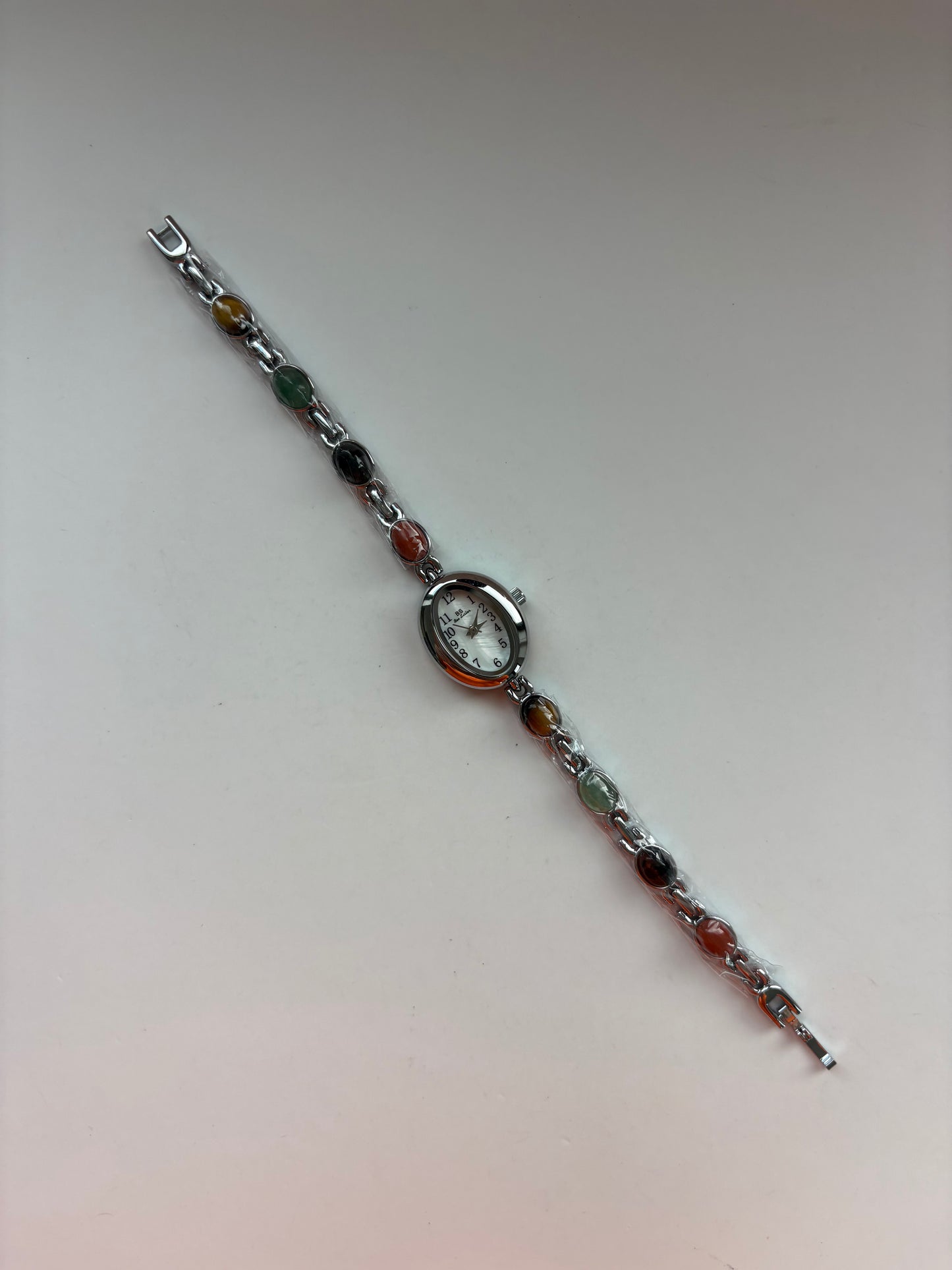 Dainty Vintage Oval Silver Brown Stone Womens Watch Small Face