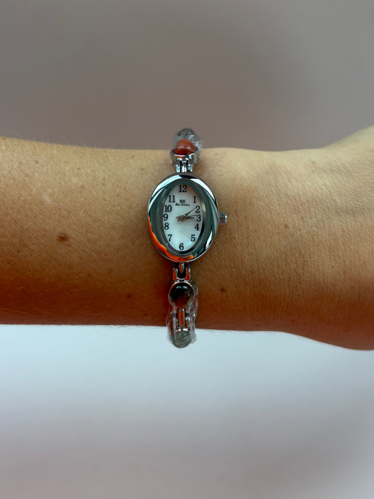 Dainty Vintage Oval Silver Brown Stone Womens Watch Small Face