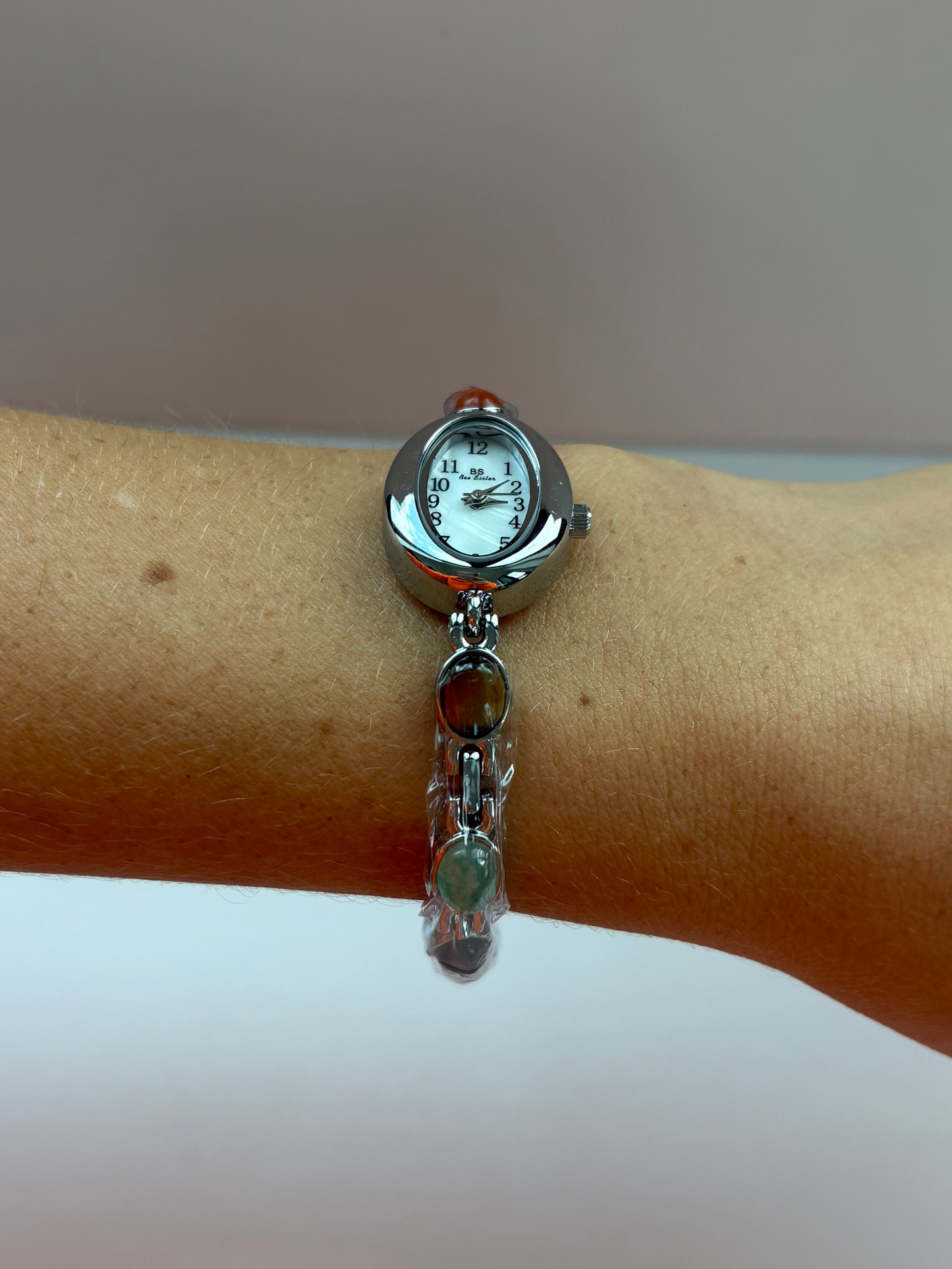 Dainty Vintage Oval Silver Brown Stone Womens Watch Small Face
