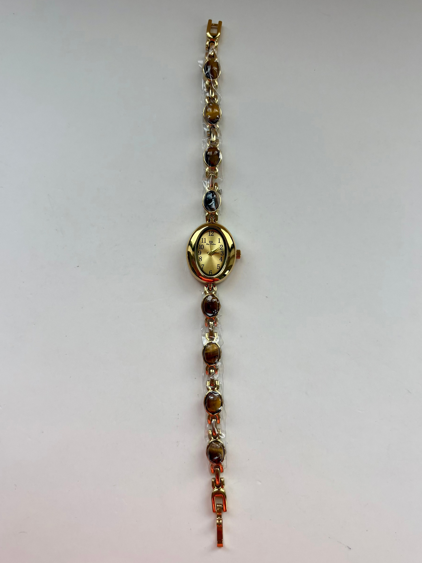 Dainty Vintage Oval Gold Brown Stone Womens Watch Small Face