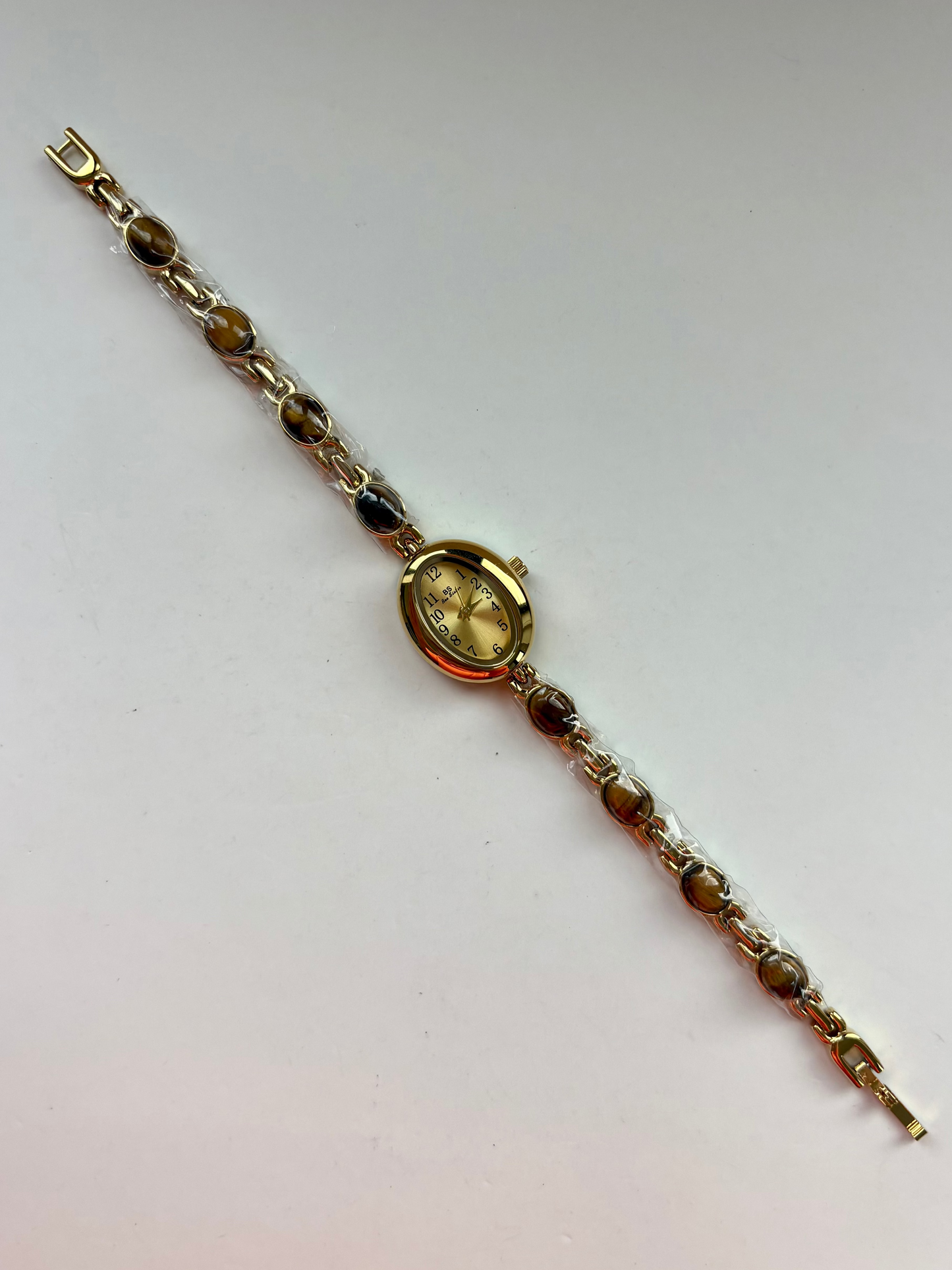 Dainty Vintage Oval Gold Brown Stone Womens Watch Small Face