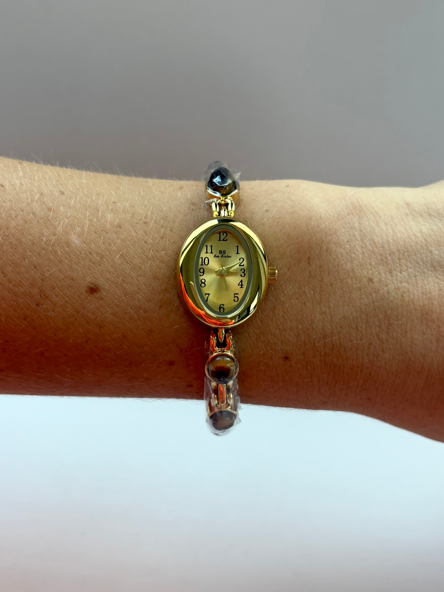 Dainty Vintage Oval Gold Brown Stone Womens Watch Small Face