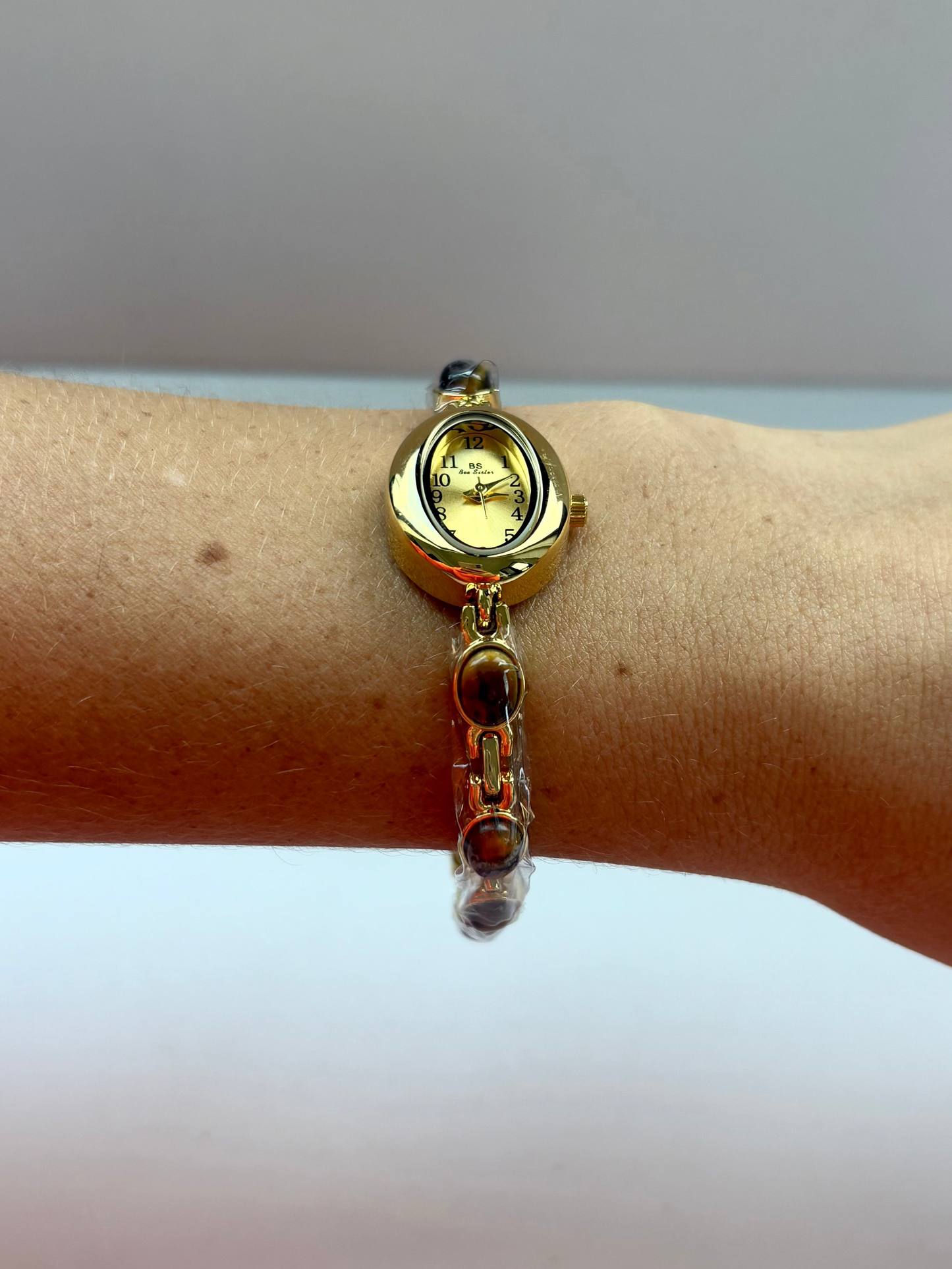 Dainty Vintage Oval Gold Brown Stone Womens Watch Small Face