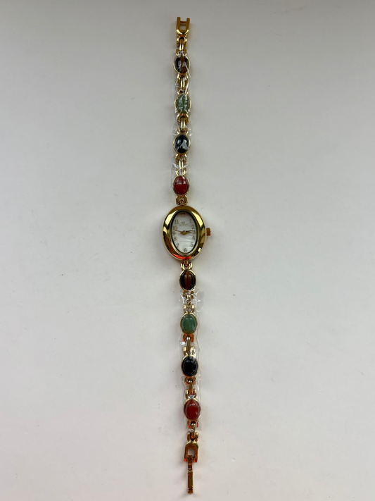 Dainty Vintage Oval Gold Colorful Stone Womens Watch Small Face