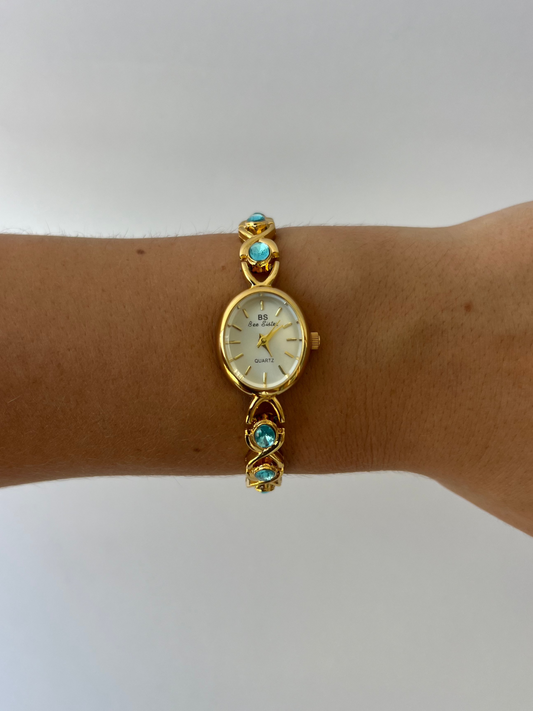 Vintage Blue Diamond Gold Womens Watch Small Face