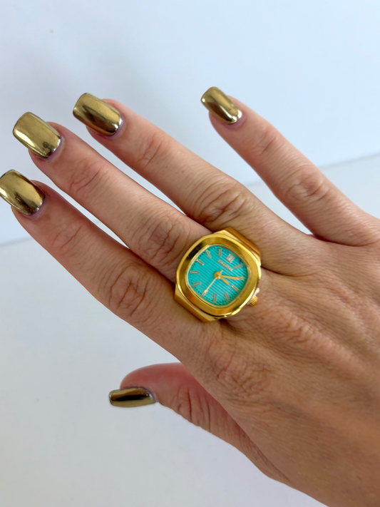 Square Blue Dial Gold Finger Watch Stretchy Band Elastic Round Simple Dial Quartz Ring Watches