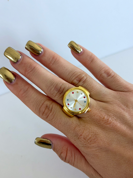 Colorful Diamond Round Dial Gold Finger Watch Stretchy Band Quartz Ring Watch