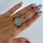 Oval Diamond Round Dial Silver Finger Watch Stretchy Band Quartz Ring Watch