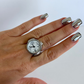 Circle Round Dial Silver Finger Watch Stretchy Band Quartz Ring Watch