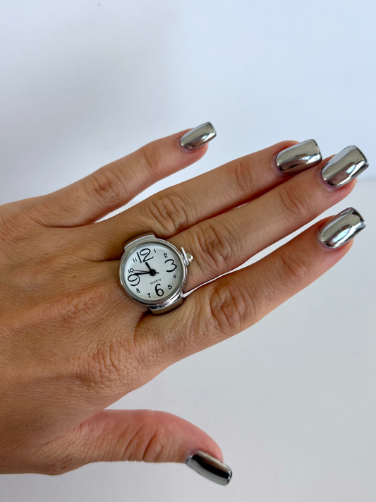 Circle Round Dial Silver Finger Watch Stretchy Band Quartz Ring Watch