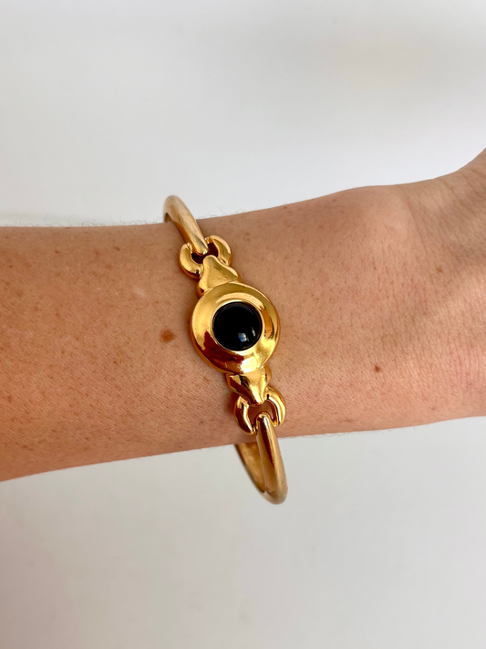 Rare Vintage Black Onyx Stone Detail Gold Bangle Bracelet